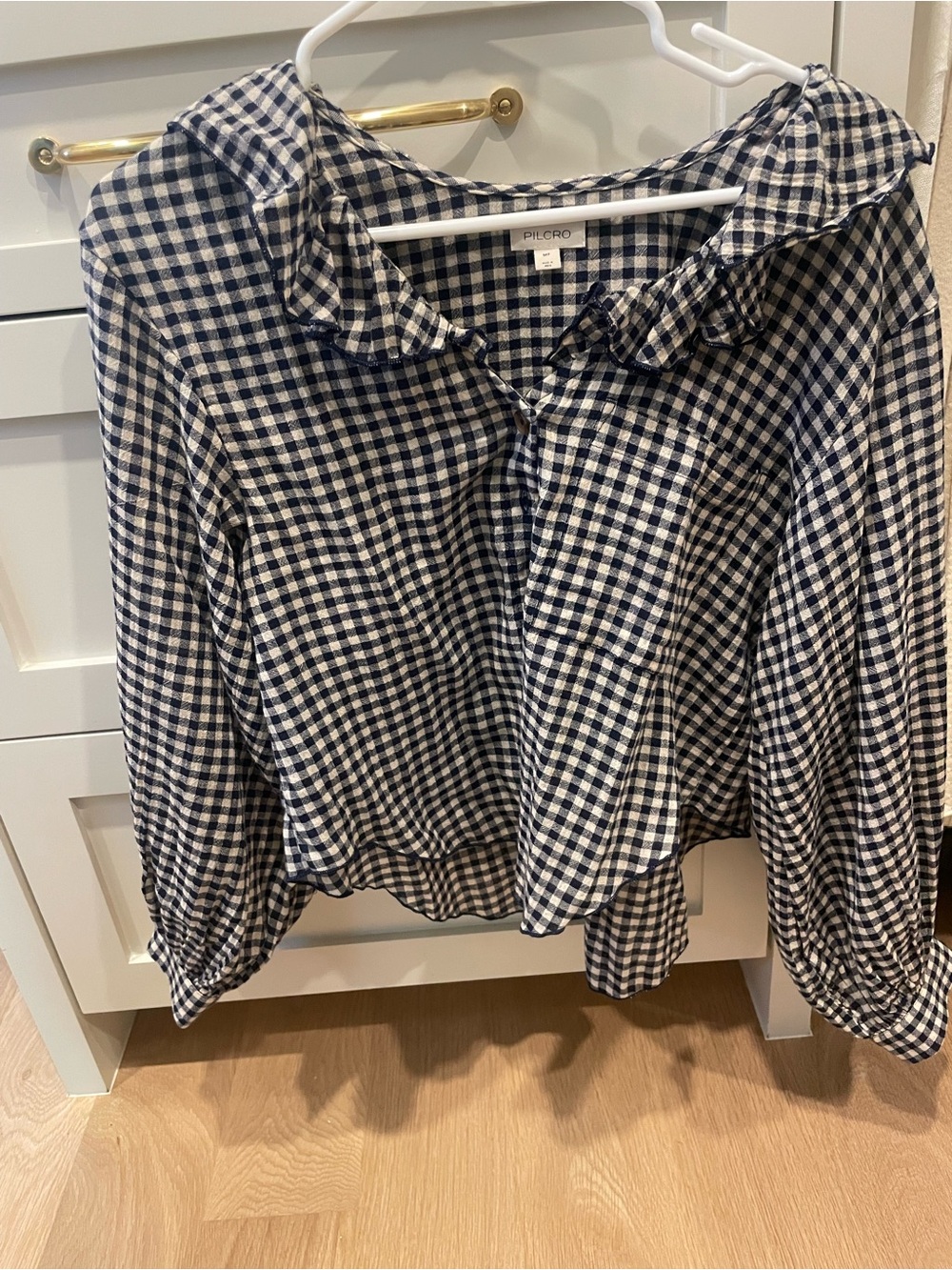 Pilcro Navy and White Gingham Ruffle-Collar Blouse